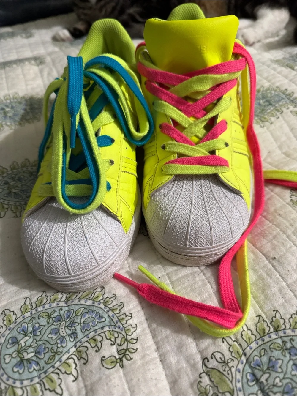 adidas Neon Yellow Sneakers with Pink & Blue Laces